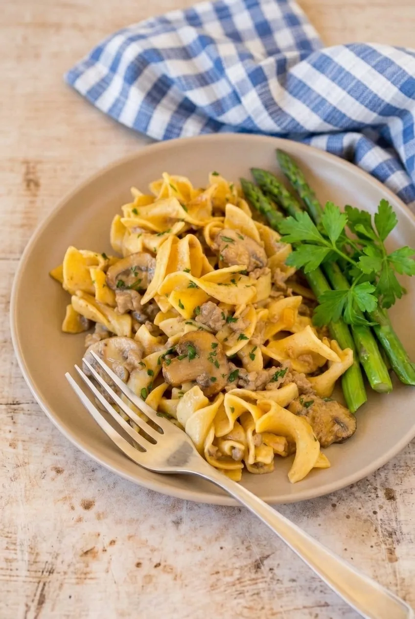 A full plate of ground beef stroganoff with egg noodles, mushrooms, parsley, and asparagus on a wood surface