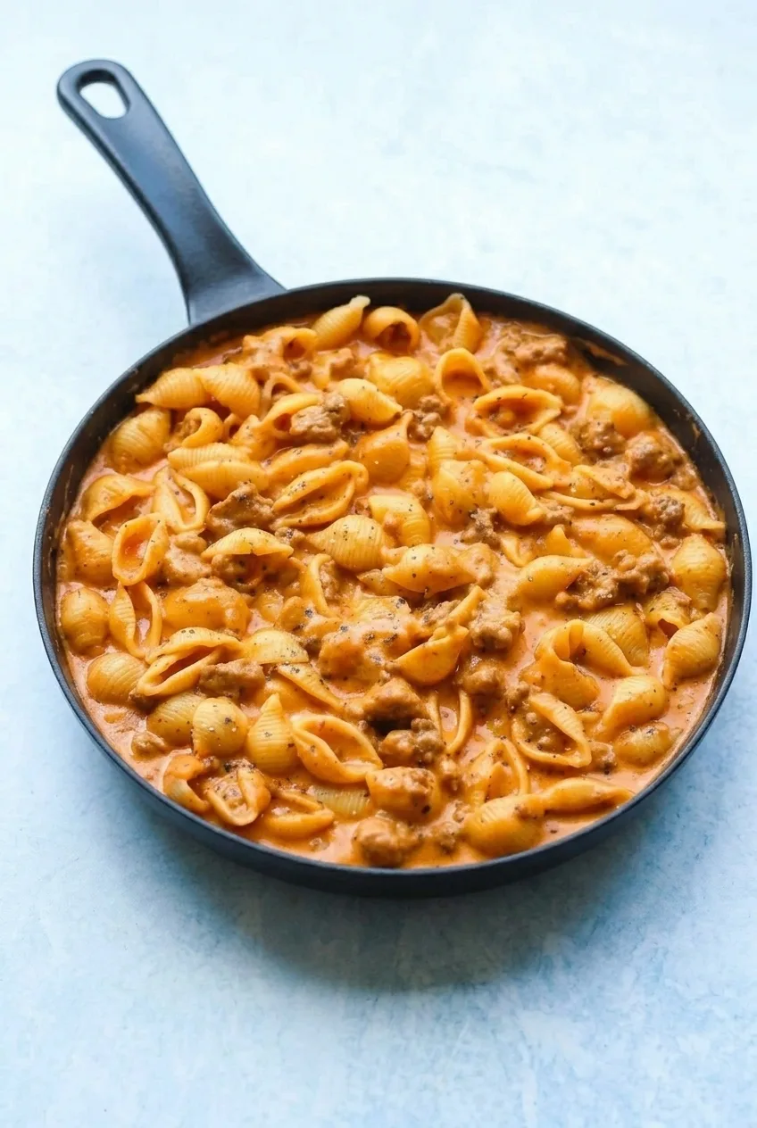 Full skillet of creamy beef and shells centered on a pale blue surface with room around the pan.