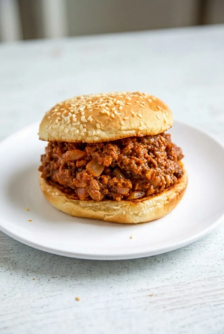 A complete sesame-bun sloppy joe on a plate, with its thick beef-and-onion filling visible.