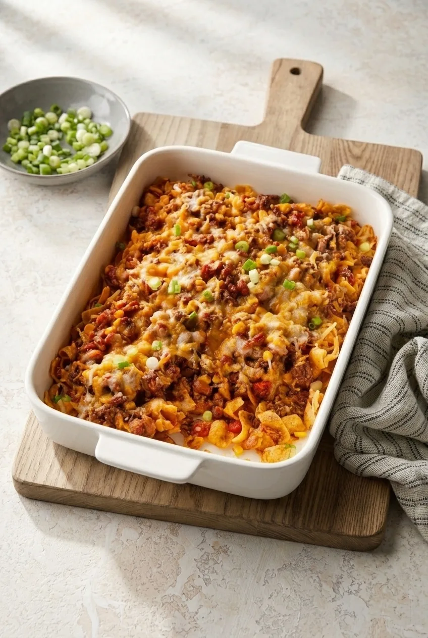 Full rectangular dish of walking taco casserole centered on a light surface with room around it