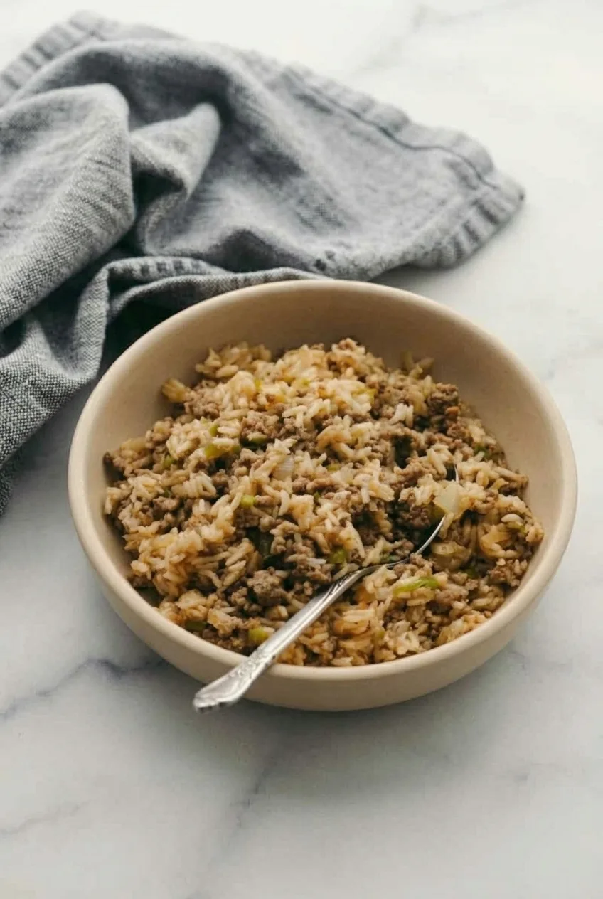 A full bowl of ground beef dirty rice on a neutral tabletop, with rice, beef, and vegetables mixed throughout