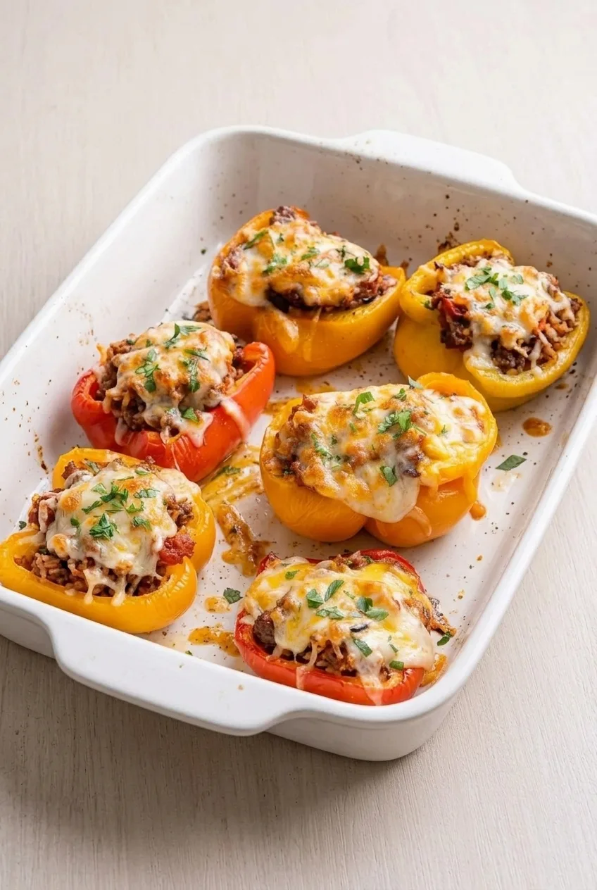 Full serving of colorful ground beef stuffed bell pepper halves on a white plate with space around the dish