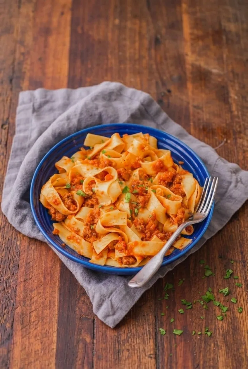A full bowl of pappardelle with ground beef Bolognese on a dark wood table, photographed from a wider angle.