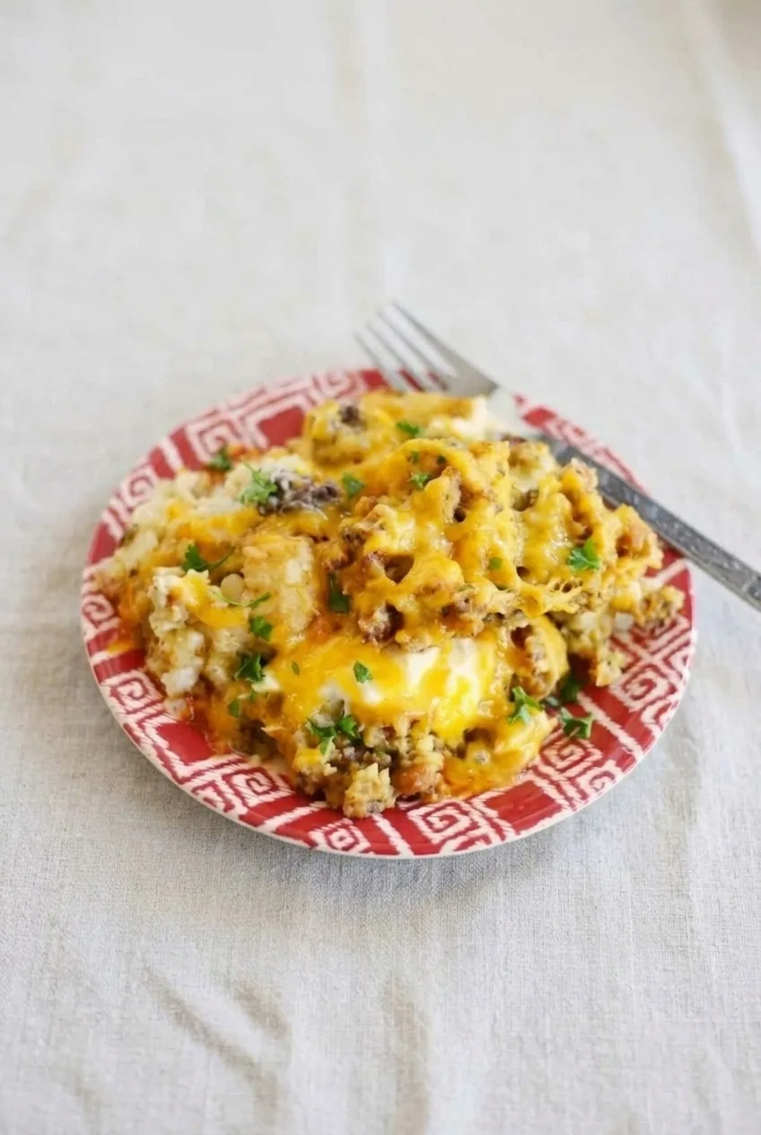 A full red-and-white plate of ground beef tater tot casserole centered on a light surface, with the cheesy scoop and parsley visible.