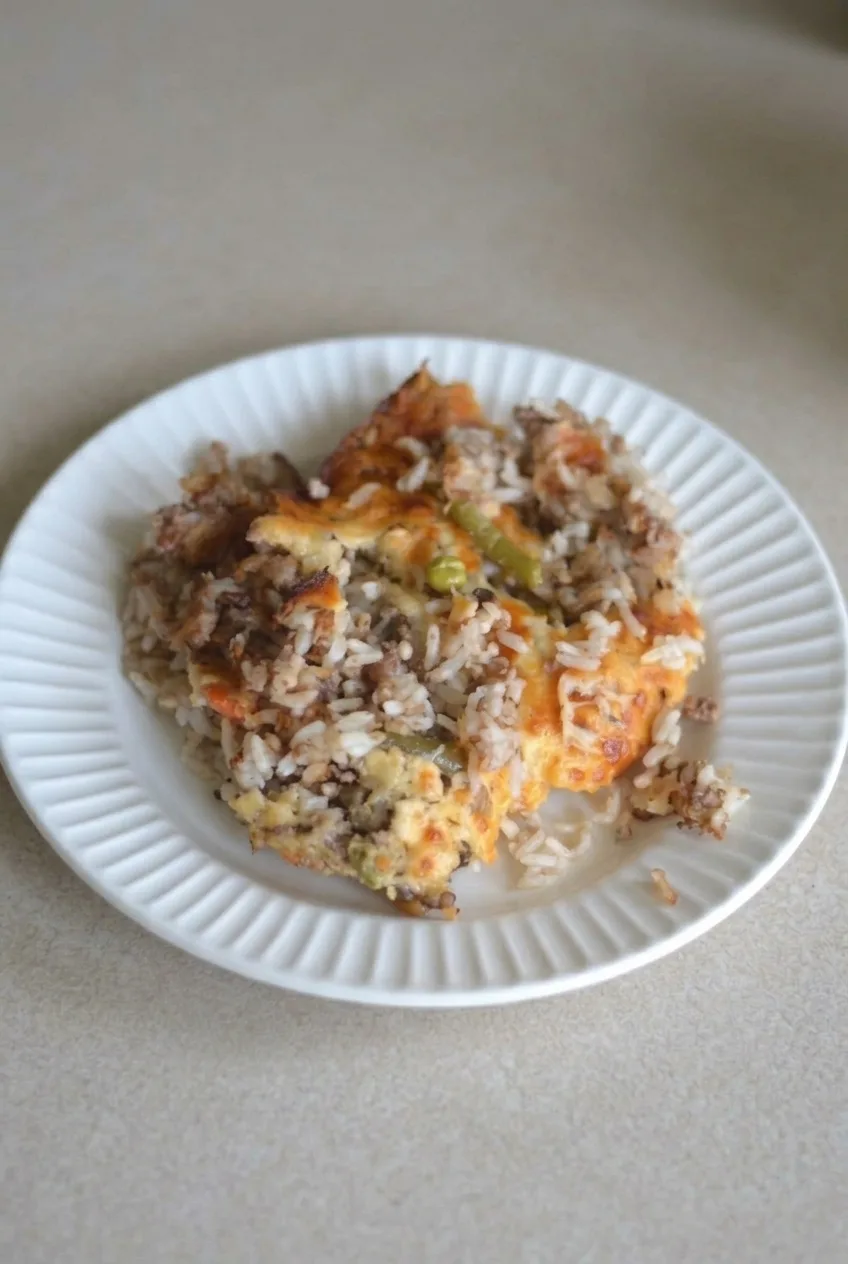 A full plate with a rustic scoop of ground beef and rice casserole, shown with extra neutral surface around it