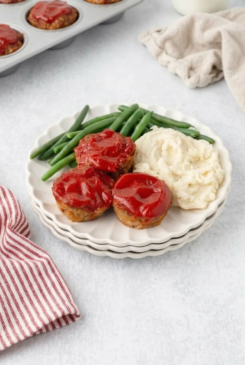 Full plate of ketchup-glazed mini meatloaf muffins with mashed potatoes and green beans on a light countertop