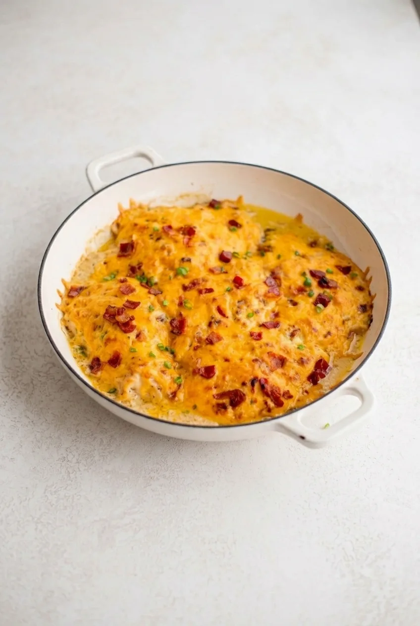 A whole oval dish of crack chicken casserole with cheddar, bacon, and green onion on a light surface