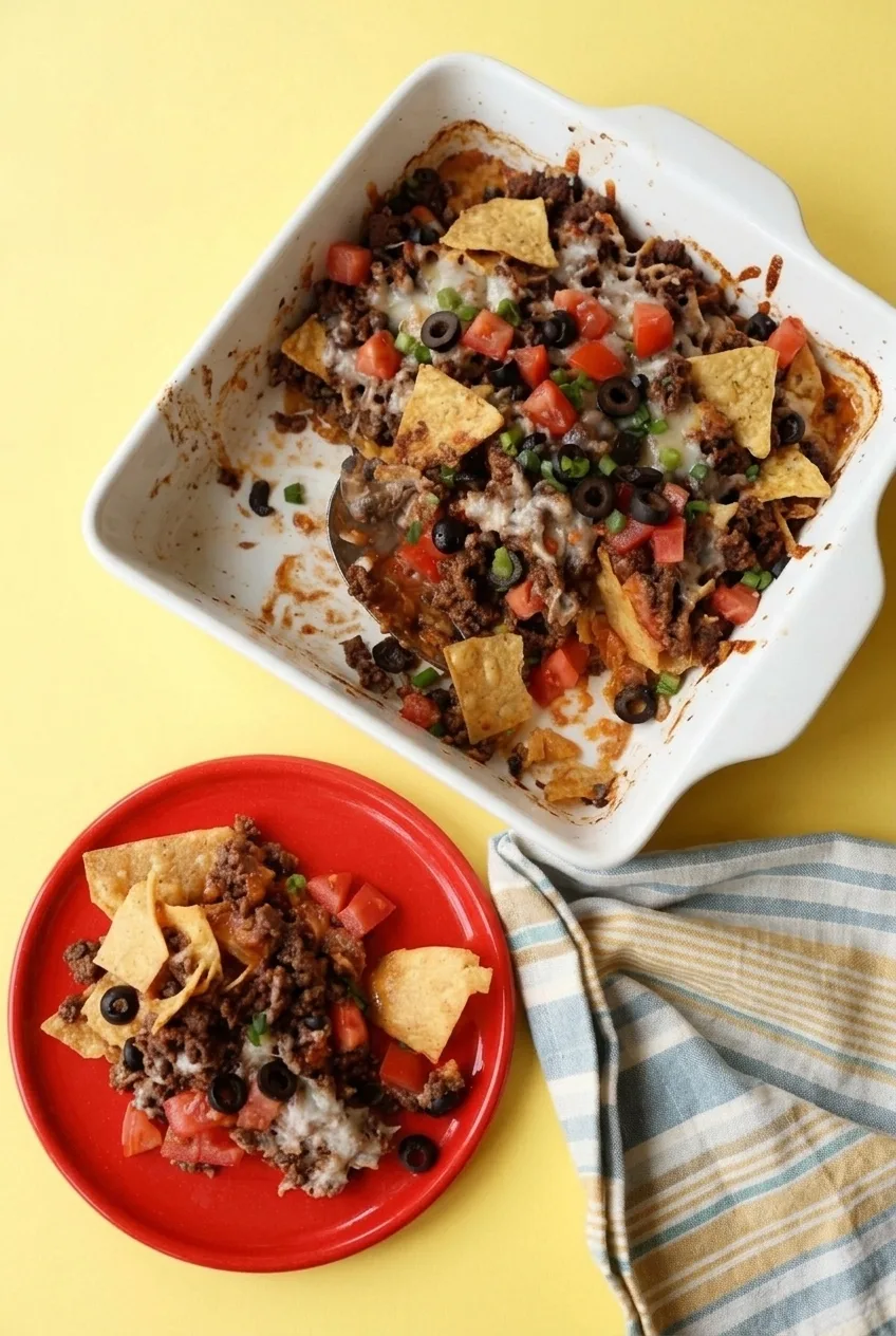 Wide view of the complete taco casserole in a rectangular dish beside a plated serving topped with tomato and olives