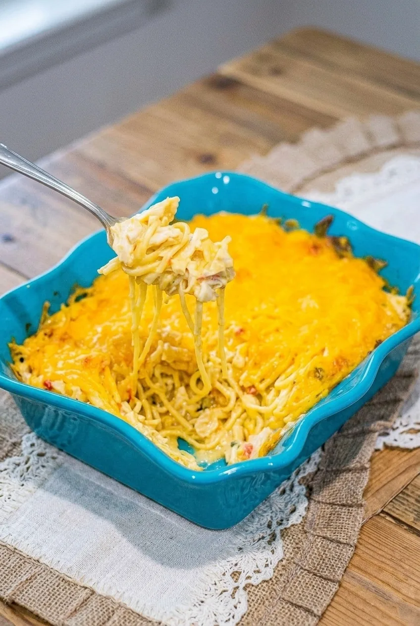 A full turquoise dish of chicken spaghetti casserole with a serving lifted, photographed with more of the tabletop visible.