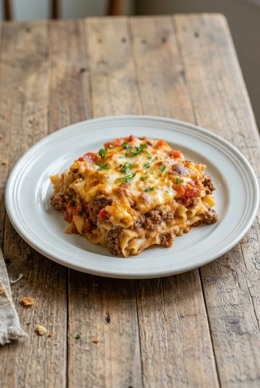 A full plate of Beef Lombardi Casserole with a generous scoop of noodles, tomato beef, and browned cheese.