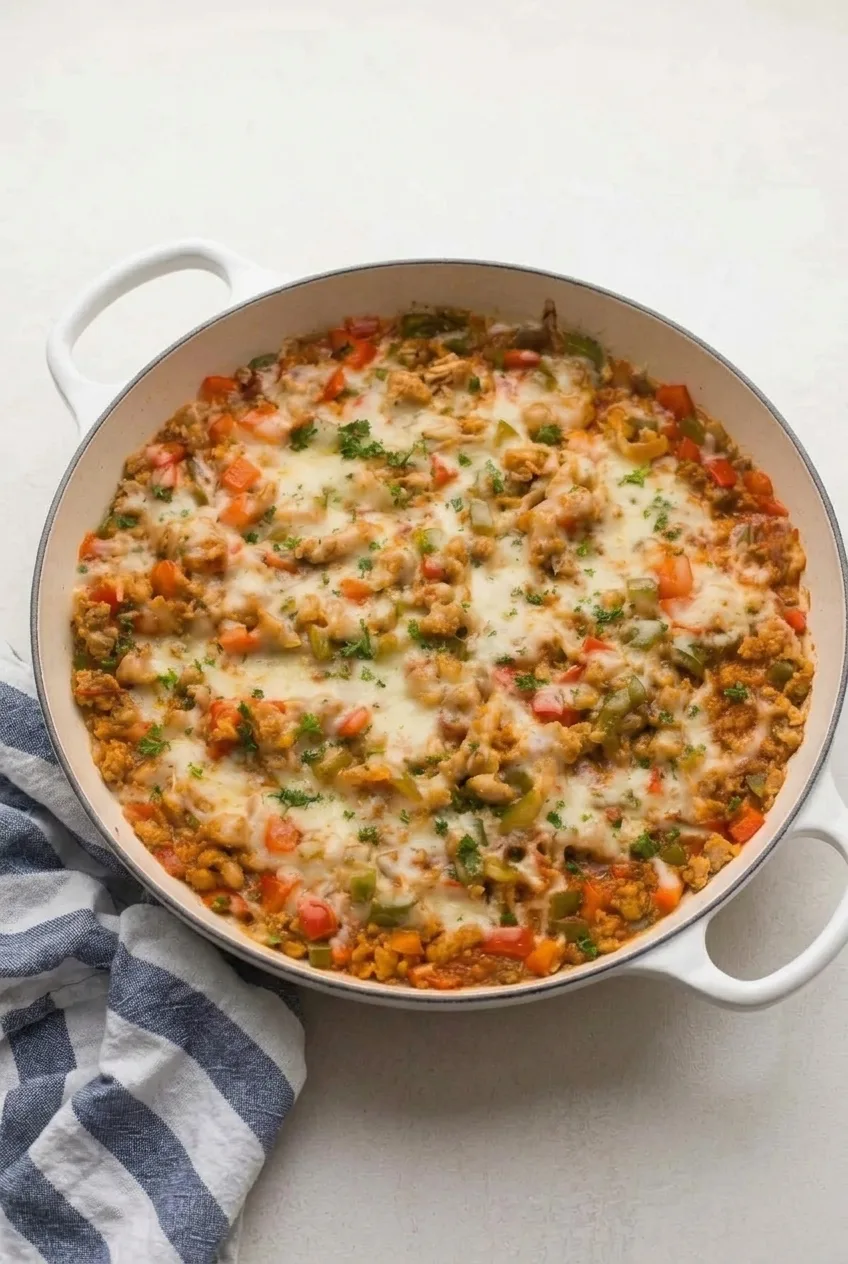 A full shallow skillet of stuffed pepper casserole, with red and green peppers visible through melted mozzarella.