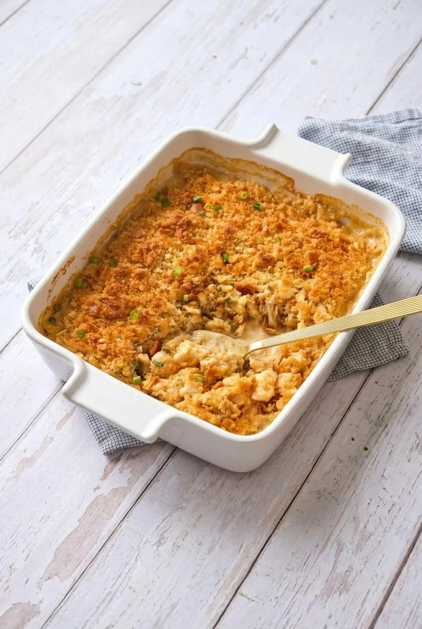 A full baking dish of Million Dollar Chicken Casserole on a pale tabletop, with its golden topping and scooped chicken filling visible.