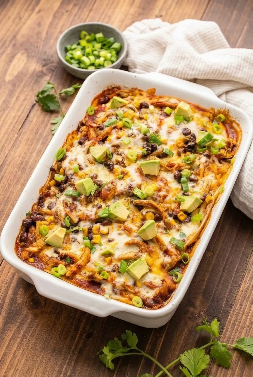 Full chicken enchilada casserole in a white baking dish on a wooden table, topped with avocado and green onion
