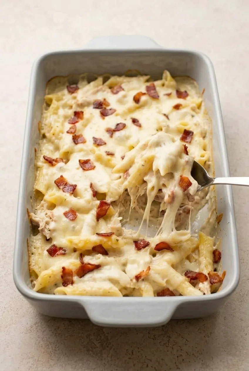 A full rectangular dish of creamy Chicken Bacon Ranch Casserole with penne, chicken, bacon, and melted cheese
