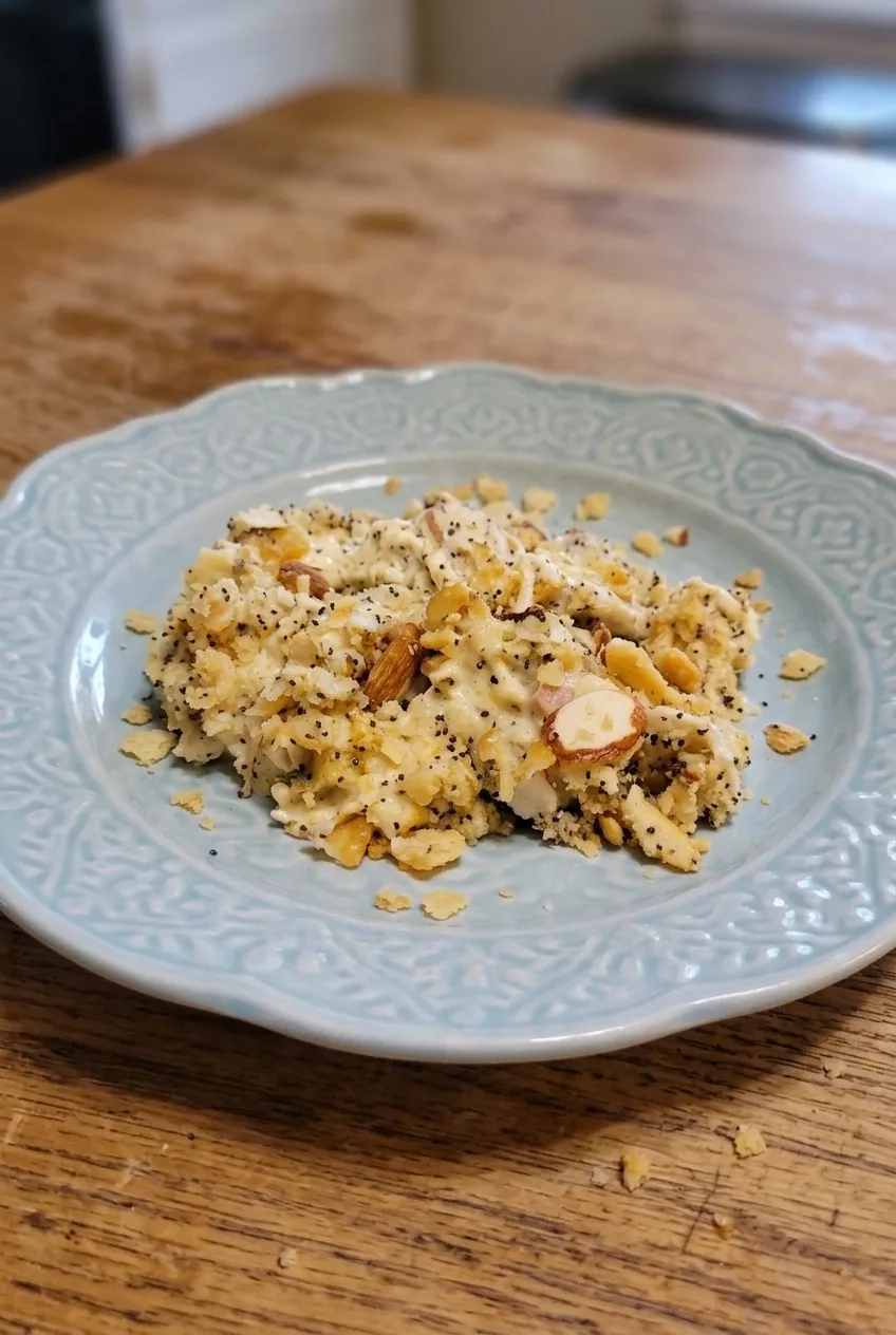 A full blue plate with a spooned serving of poppy seed chicken casserole, shown with more of the surrounding surface.