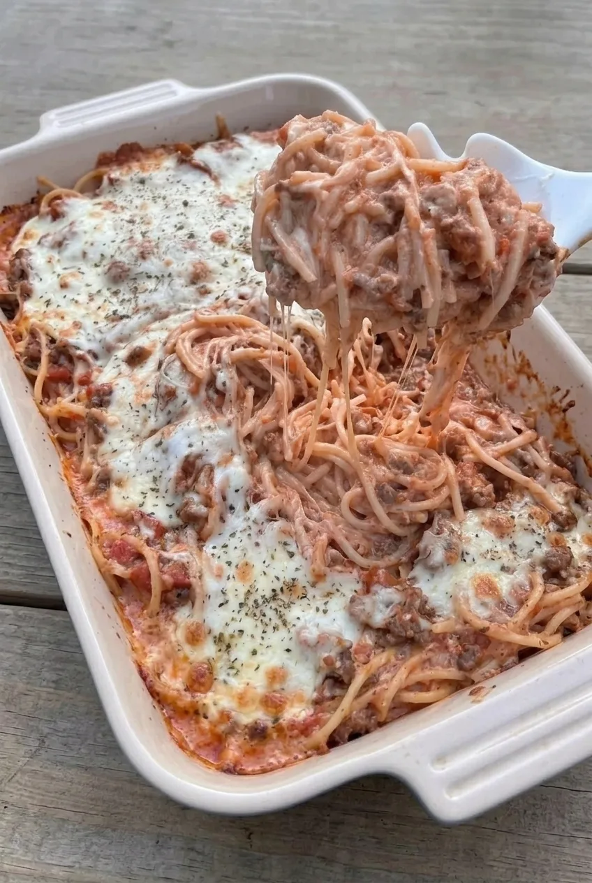 A full casserole dish of Million Dollar Spaghetti with a generous scoop showing saucy noodles, beef, and melted cheese.
