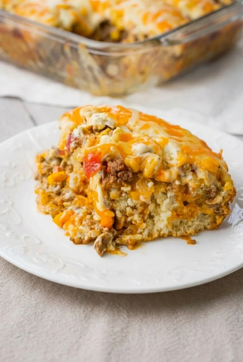 A full plate holding a rustic serving of John Wayne Casserole, with its layered biscuit crust and cheesy beef filling visible.