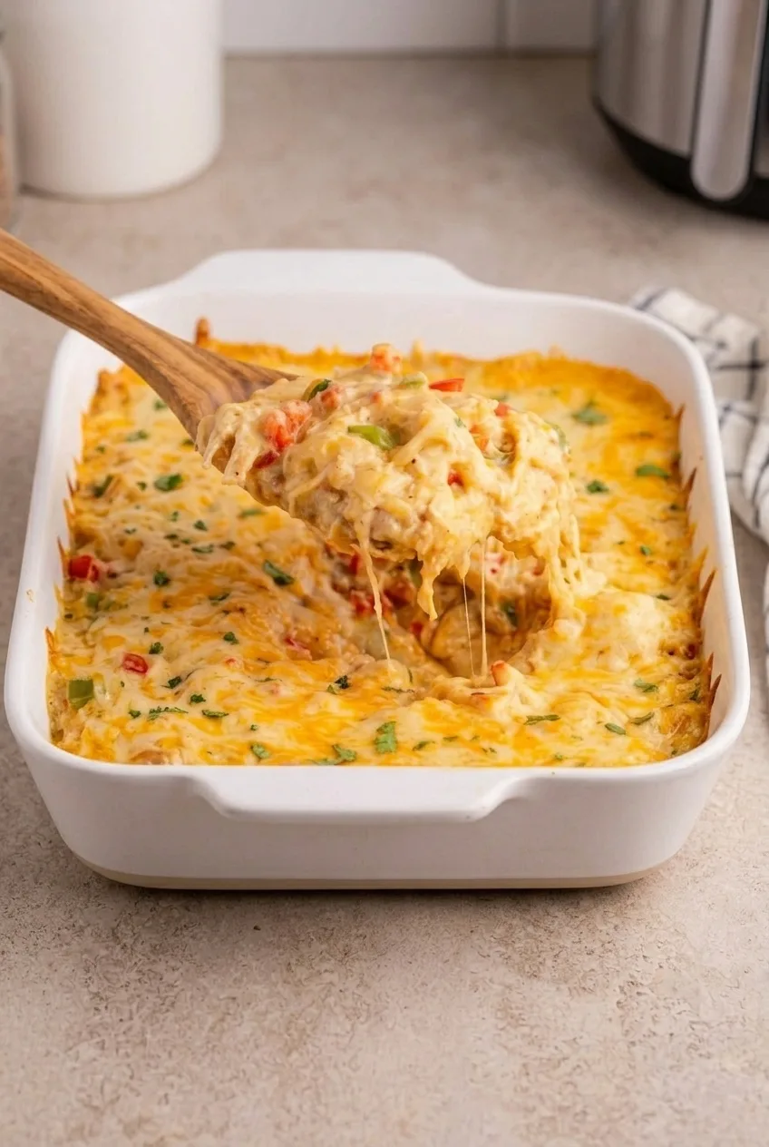 A rectangular dish of King Ranch chicken casserole with a soft, cheesy serving lifted above the creamy layers.