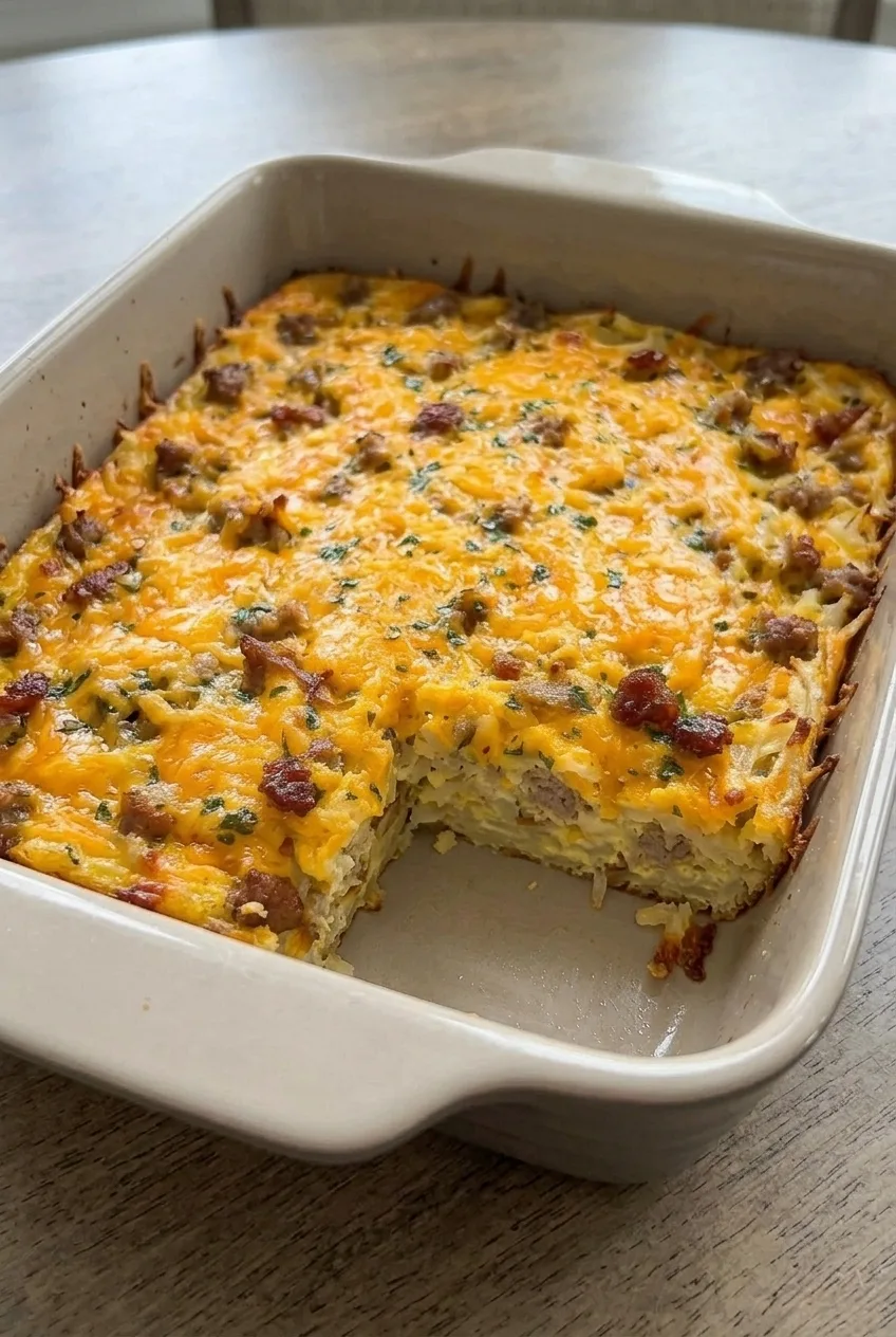 A full baking dish of cheesy sausage and hash brown casserole with a cut square showing its potato-filled interior.