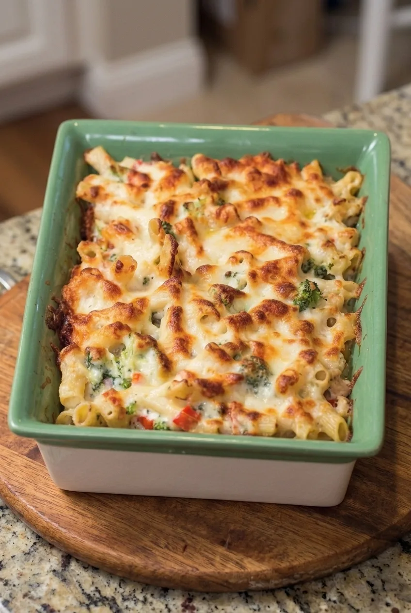 Whole chicken Alfredo bake in a green casserole dish, centered on a wooden surface with extra space around it