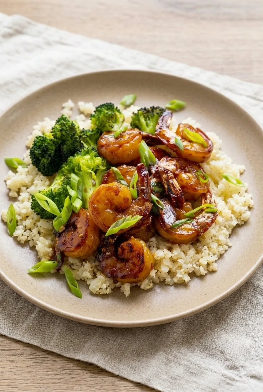 A full serving of honey garlic shrimp with broccoli and cauliflower rice, topped with sliced green onions.