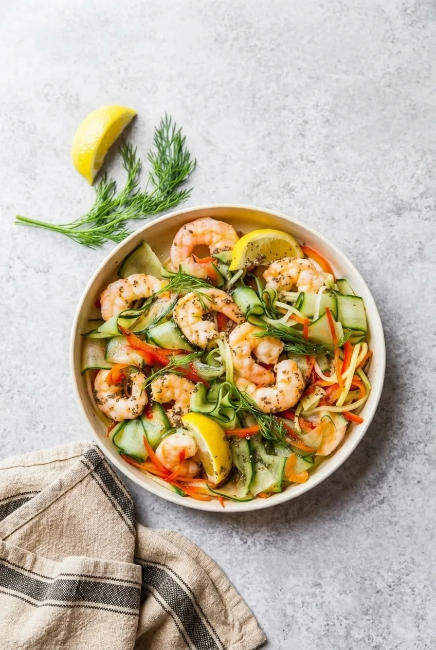 A full shallow bowl of cucumber shrimp salad with cucumber ribbons, whole shrimp, colorful strips, dill, and lemon