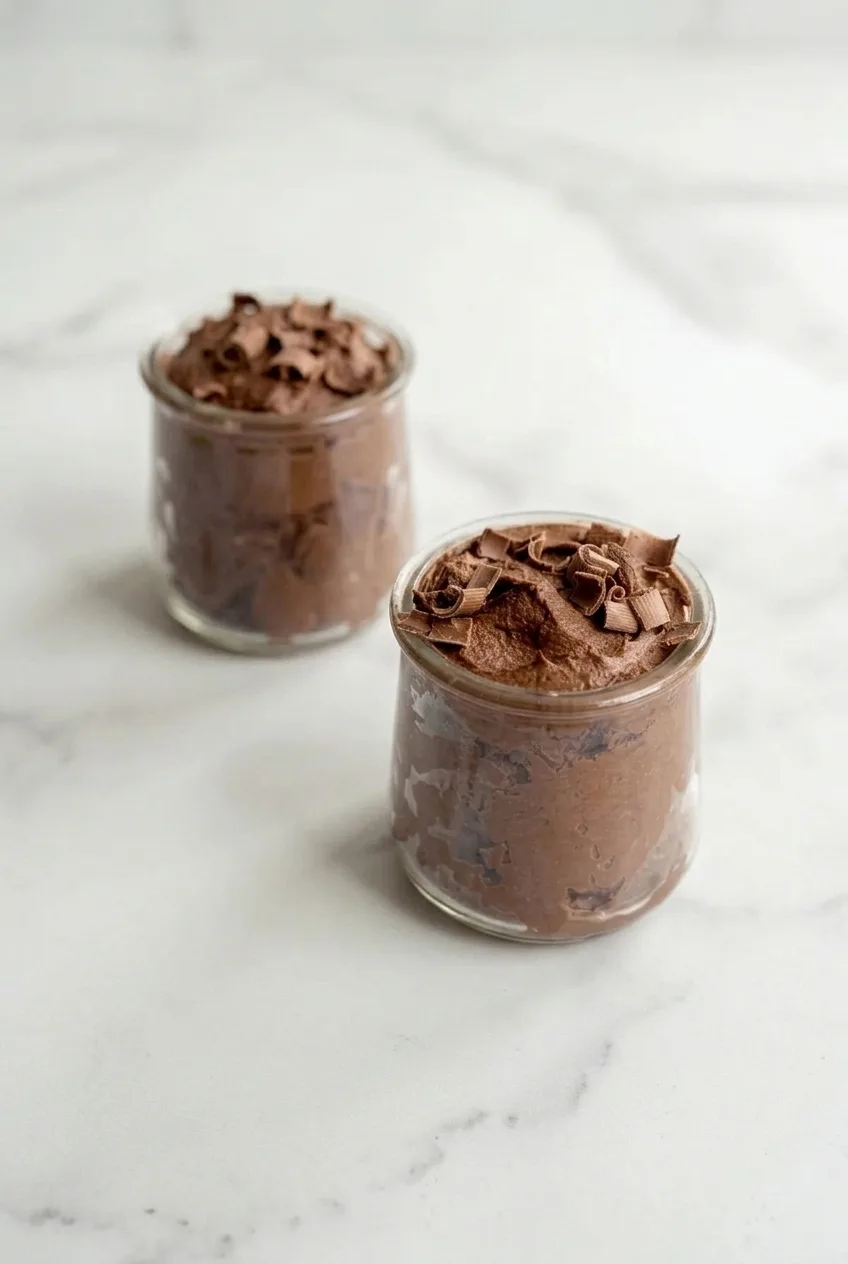 Two clear glasses of thick chocolate Greek yogurt pudding with chocolate curls, shown together on a pale countertop.