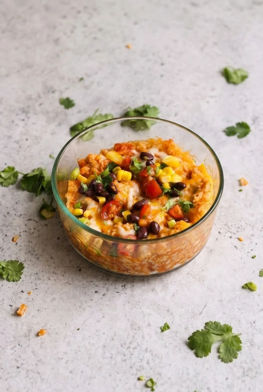 A complete chicken enchilada bowl centered on a light stone surface, topped with beans, corn, tomatoes, scallions, and cilantro