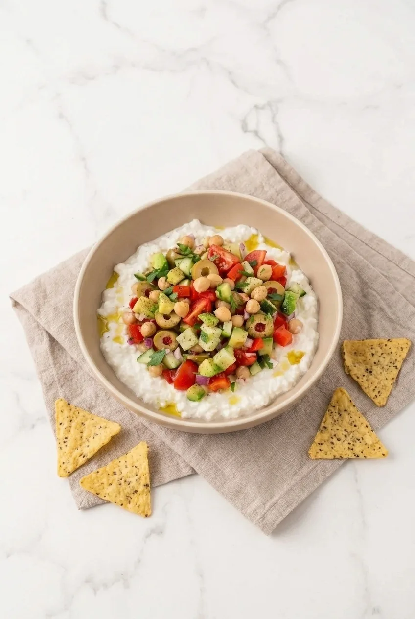 A full bowl of cottage cheese and chickpea salad with seeded crackers beside it on a light surface.
