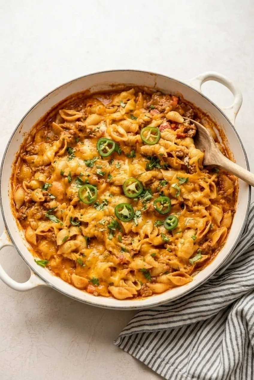 A full shallow dish of High-Protein Taco Pasta centered on a light neutral surface