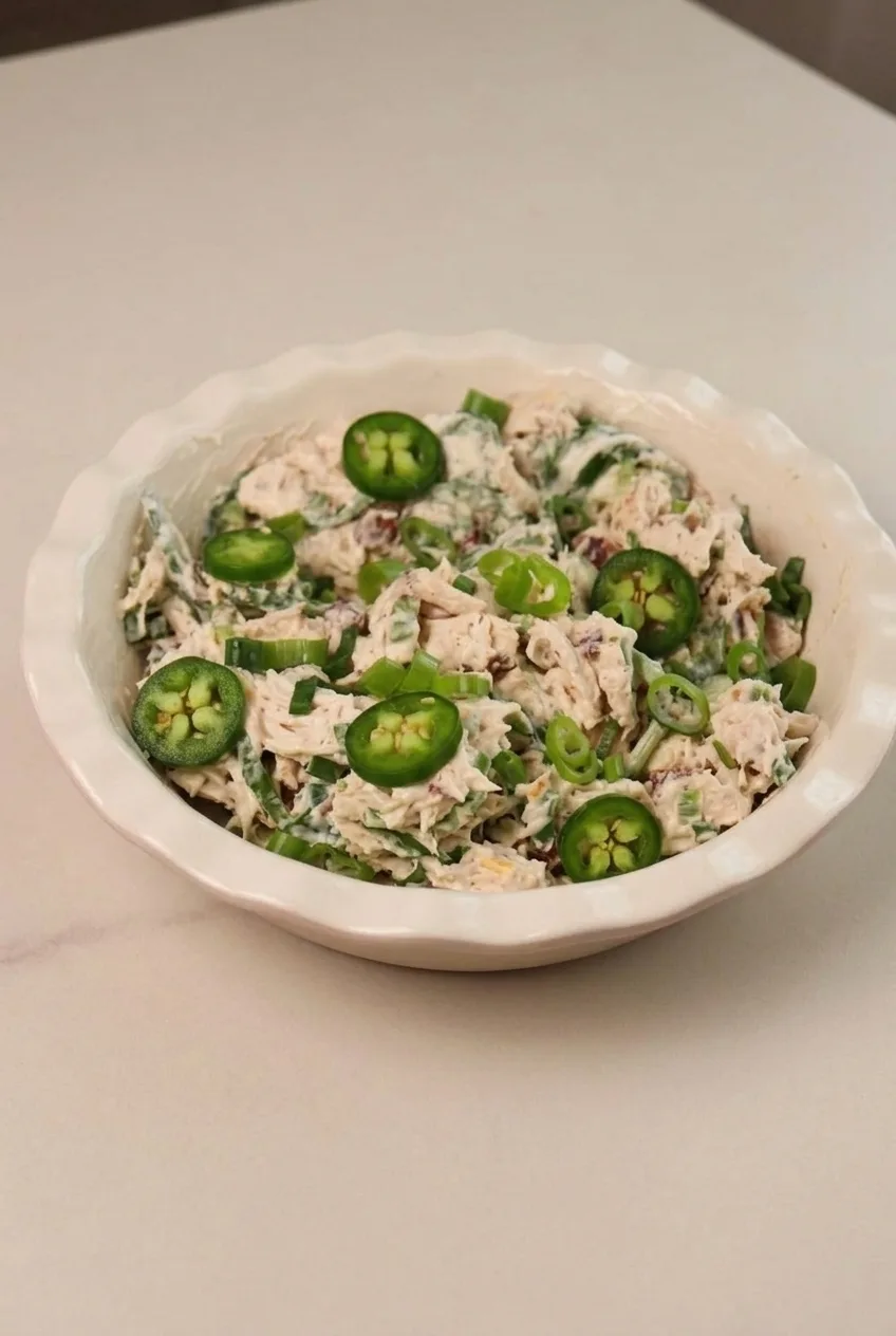 A full bowl of jalapeño popper chicken salad centered on a neutral tabletop