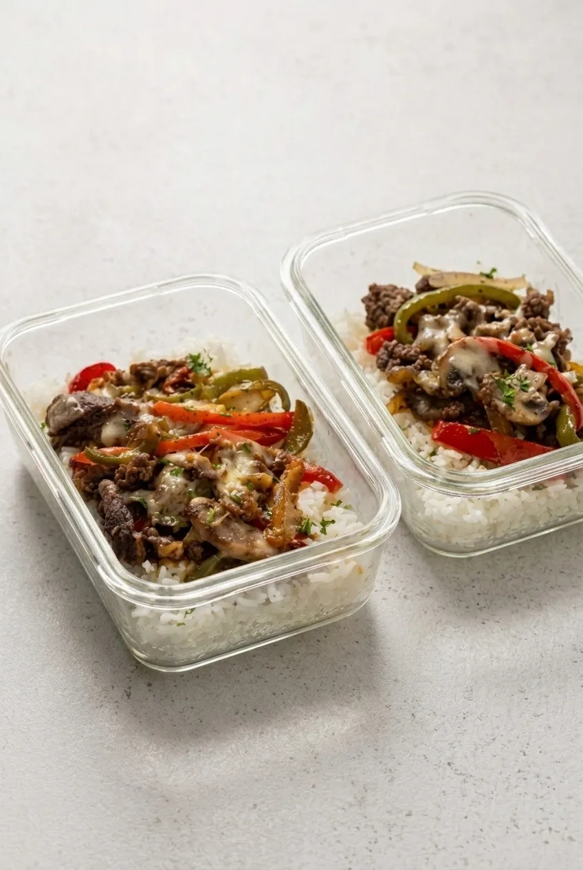 Two rectangular meal-prep containers of Ground Beef Philly Cheesesteak Bowls with visible rice and vegetable topping