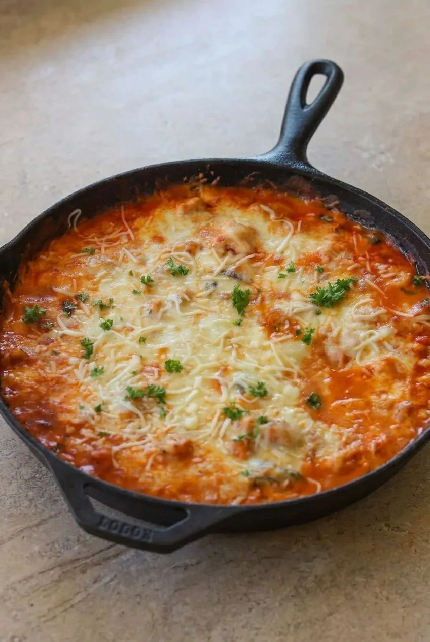 Whole skillet of chicken Parmesan casserole on a neutral surface, with more of the pan and setting visible