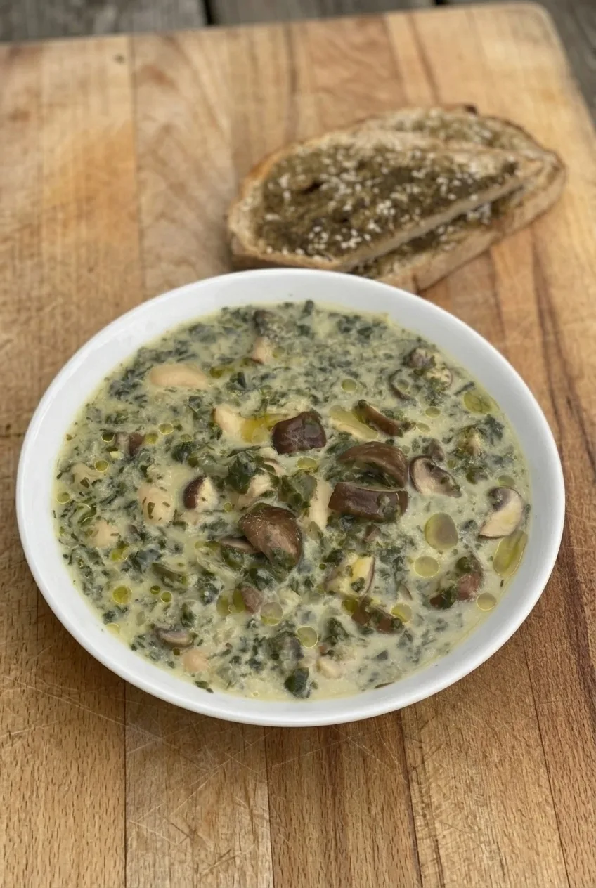 A full bowl of mushroom and spinach white bean soup with za’atar toast on a wooden surface