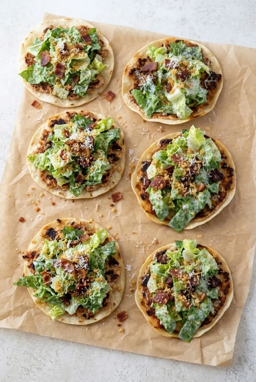 A wider view of eight open-faced chicken Caesar tacos arranged on parchment with their toppings visible