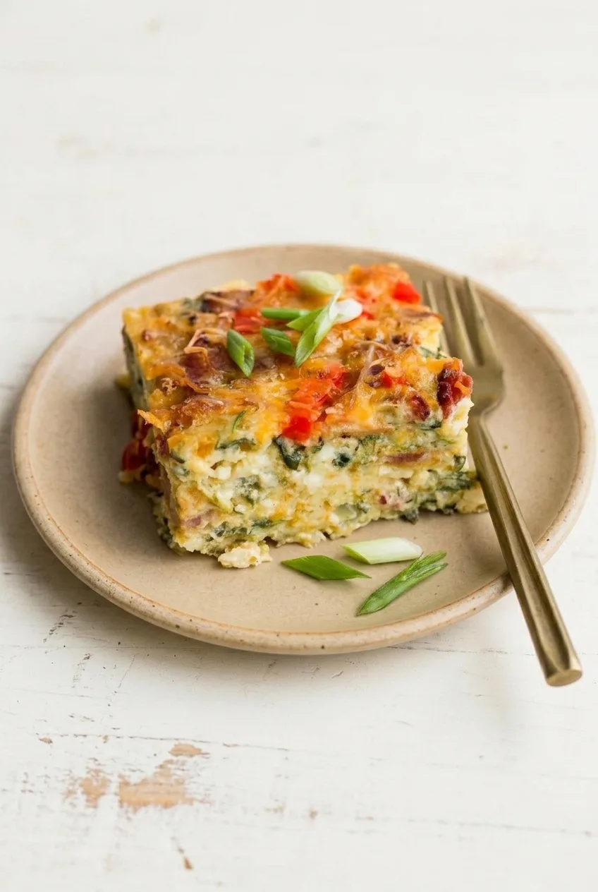 A full plate with a square egg and cottage cheese breakfast bake topped with browned cheddar and scallions
