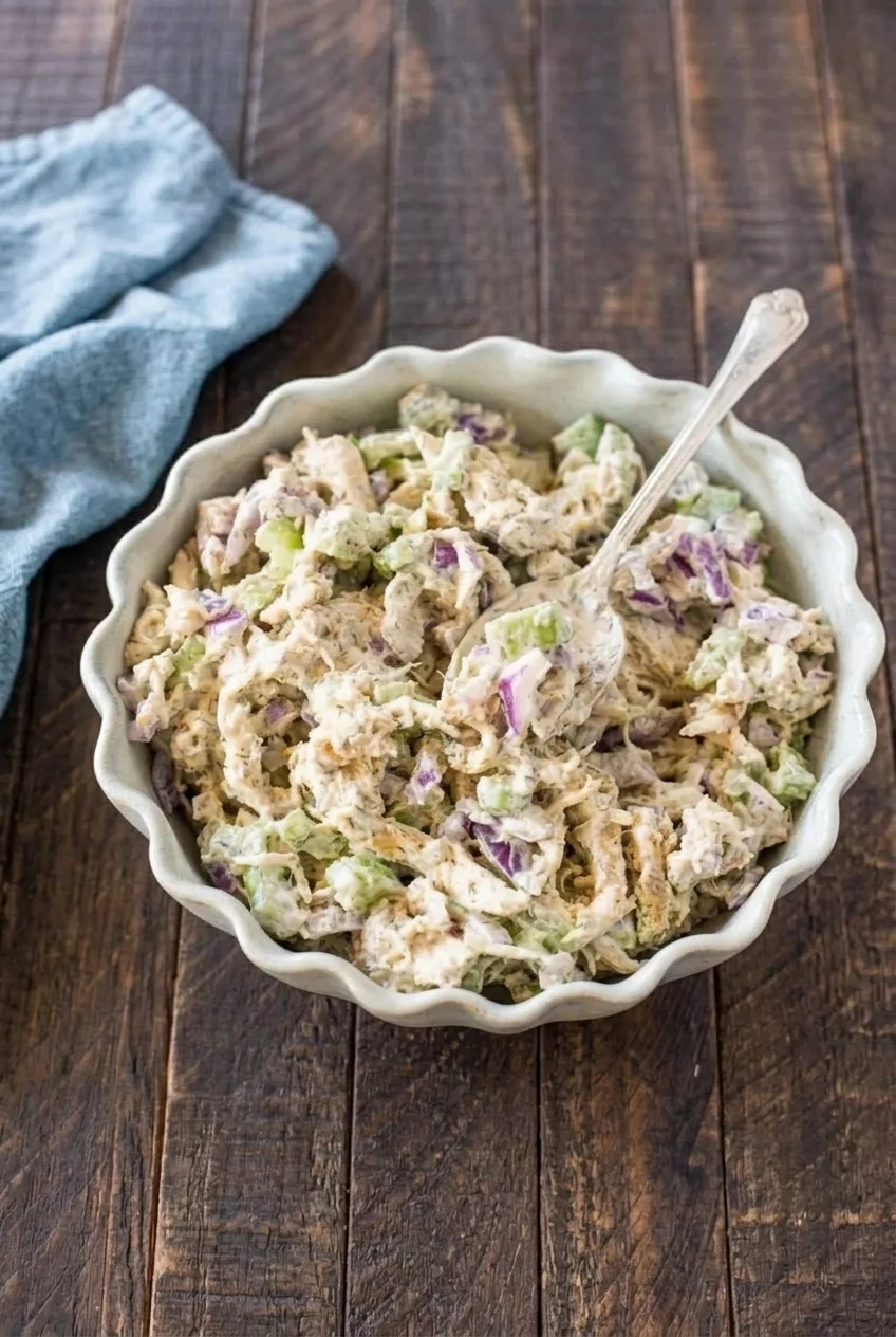 A full bowl of Greek yogurt chicken salad on a dark wood table, viewed from above at an angle