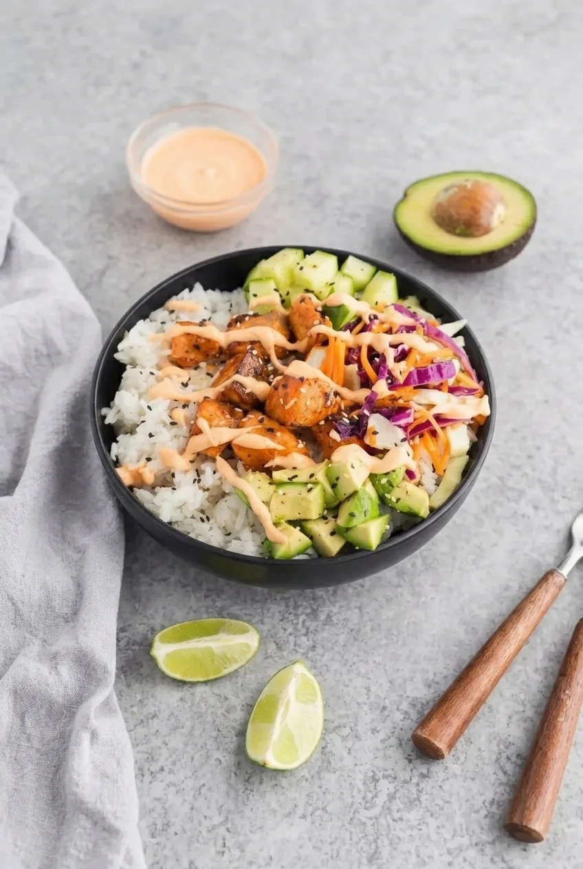 Full salmon rice bowl with rice, glazed salmon, cucumber, avocado, cabbage-carrot slaw, and spicy mayo on a gray surface