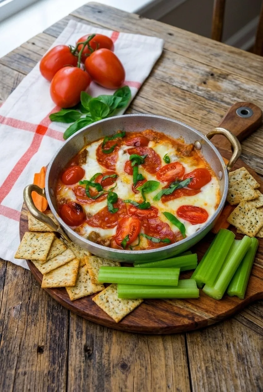 Whole skillet of cottage cheese pizza dip centered on a wooden surface with crackers and celery alongside