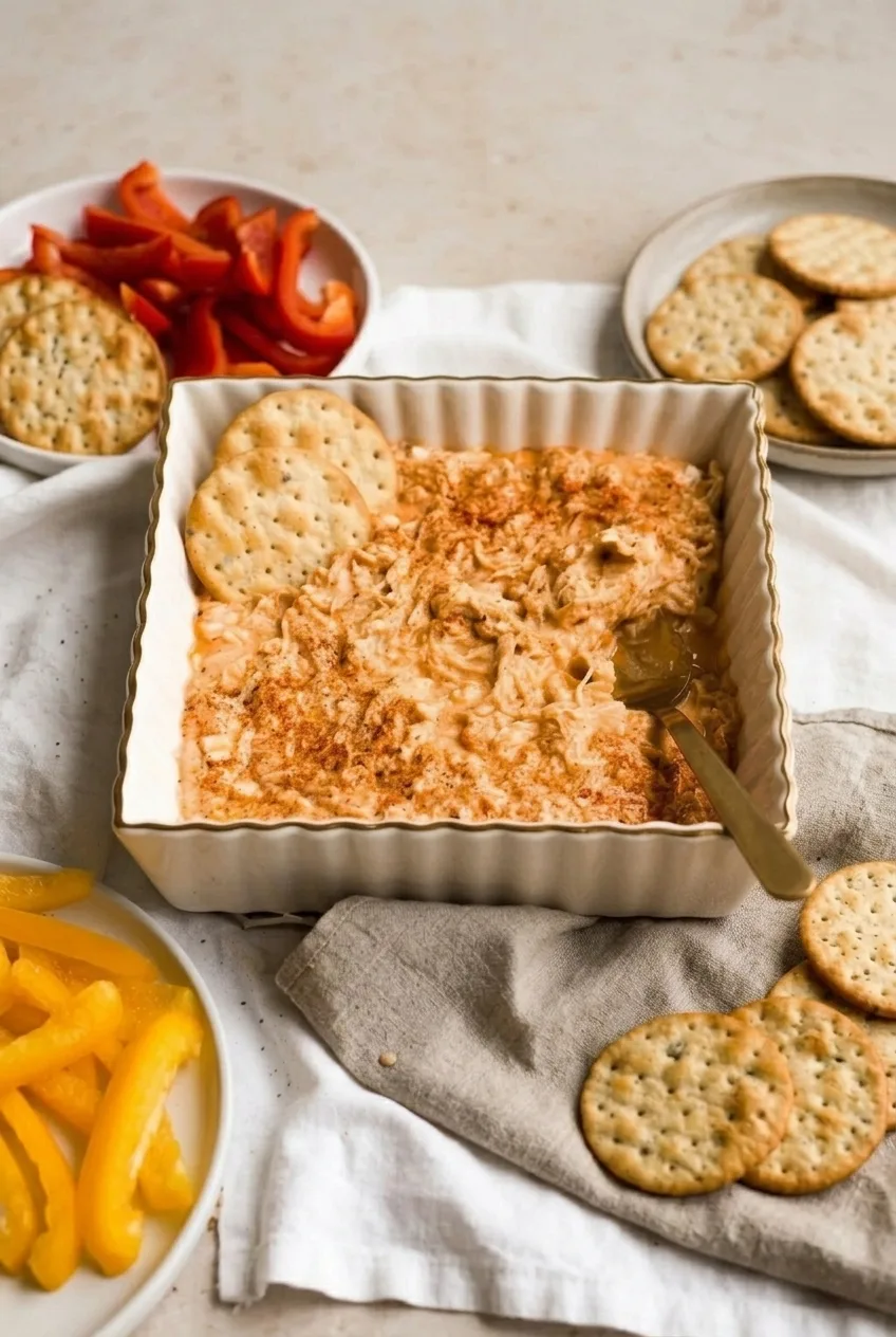 A wider view of the full dish of buffalo chicken dip with crackers and colorful bell pepper strips nearby.
