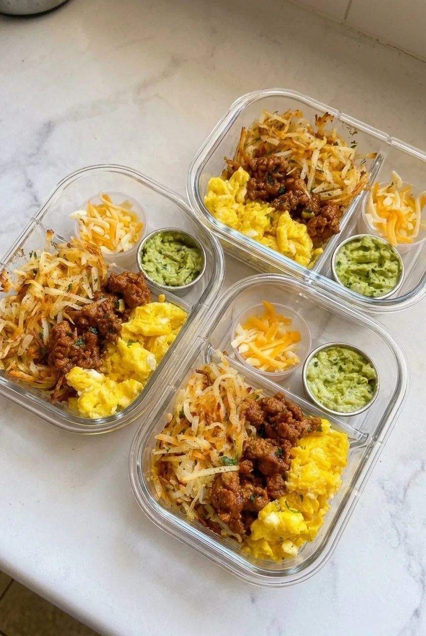 Several complete breakfast burrito meal-prep bowls with separate portions of potatoes, eggs, turkey, cheese, and guacamole