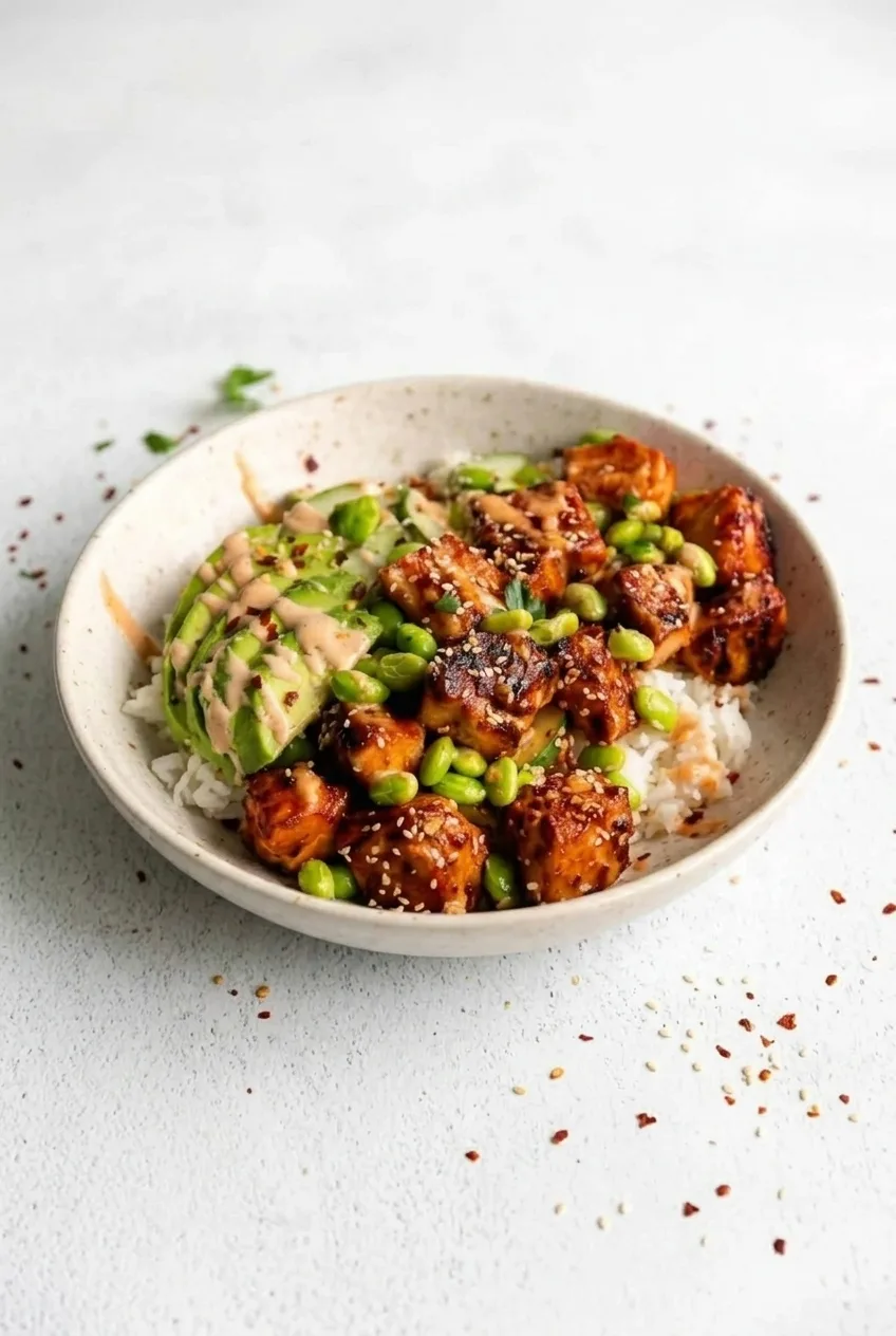 Complete honey sriracha salmon rice bowl centered on a light surface, with its toppings arranged in distinct sections