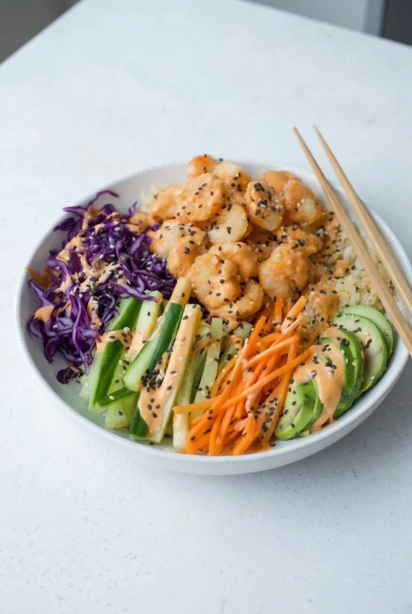 Complete shrimp sushi bowl with separate colorful toppings, shown on a pale countertop