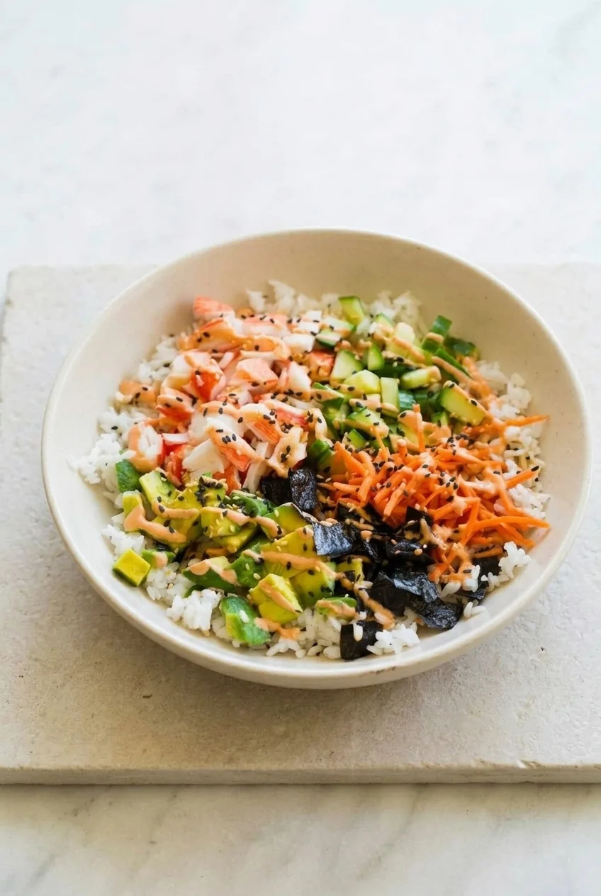 A complete California roll sushi bowl centered on a light tabletop, with rice and toppings in separate sections