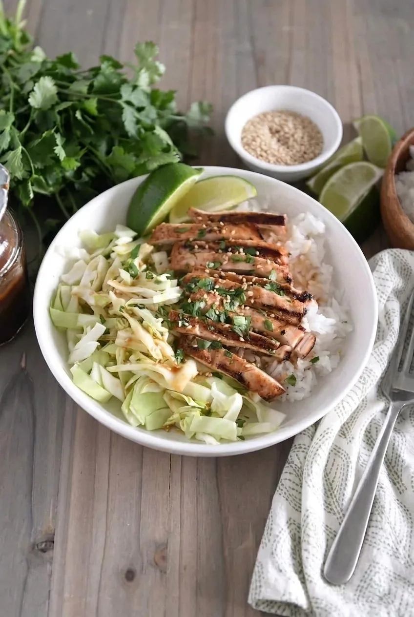 Wide view of a complete honey ginger chicken rice bowl with separate rice and cabbage sections and lime