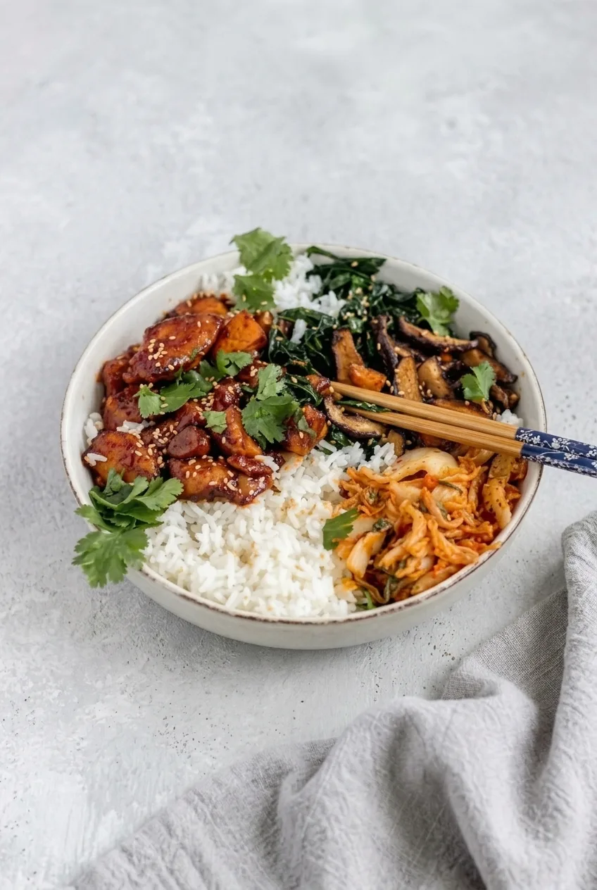 Full Korean BBQ chicken rice bowl centered on a light tabletop, with its toppings arranged in separate sections