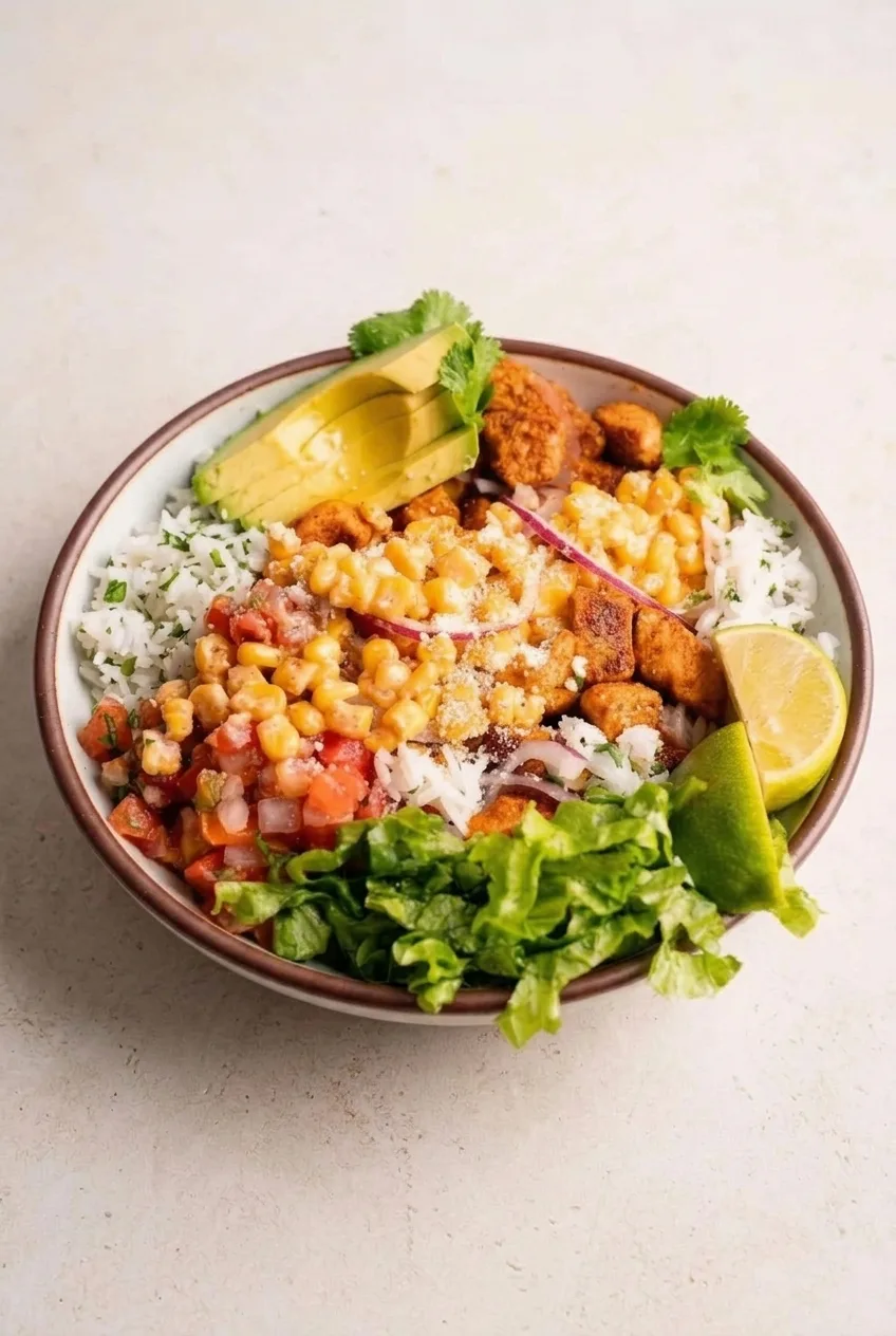 Full street corn chicken rice bowl centered on a pale surface, with chicken, creamy corn, rice, and fresh toppings