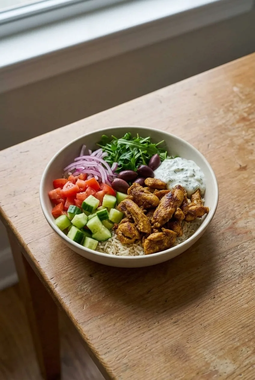 Complete chicken shawarma rice bowl centered on a simple surface, with rice, chicken, fresh toppings, and sauce