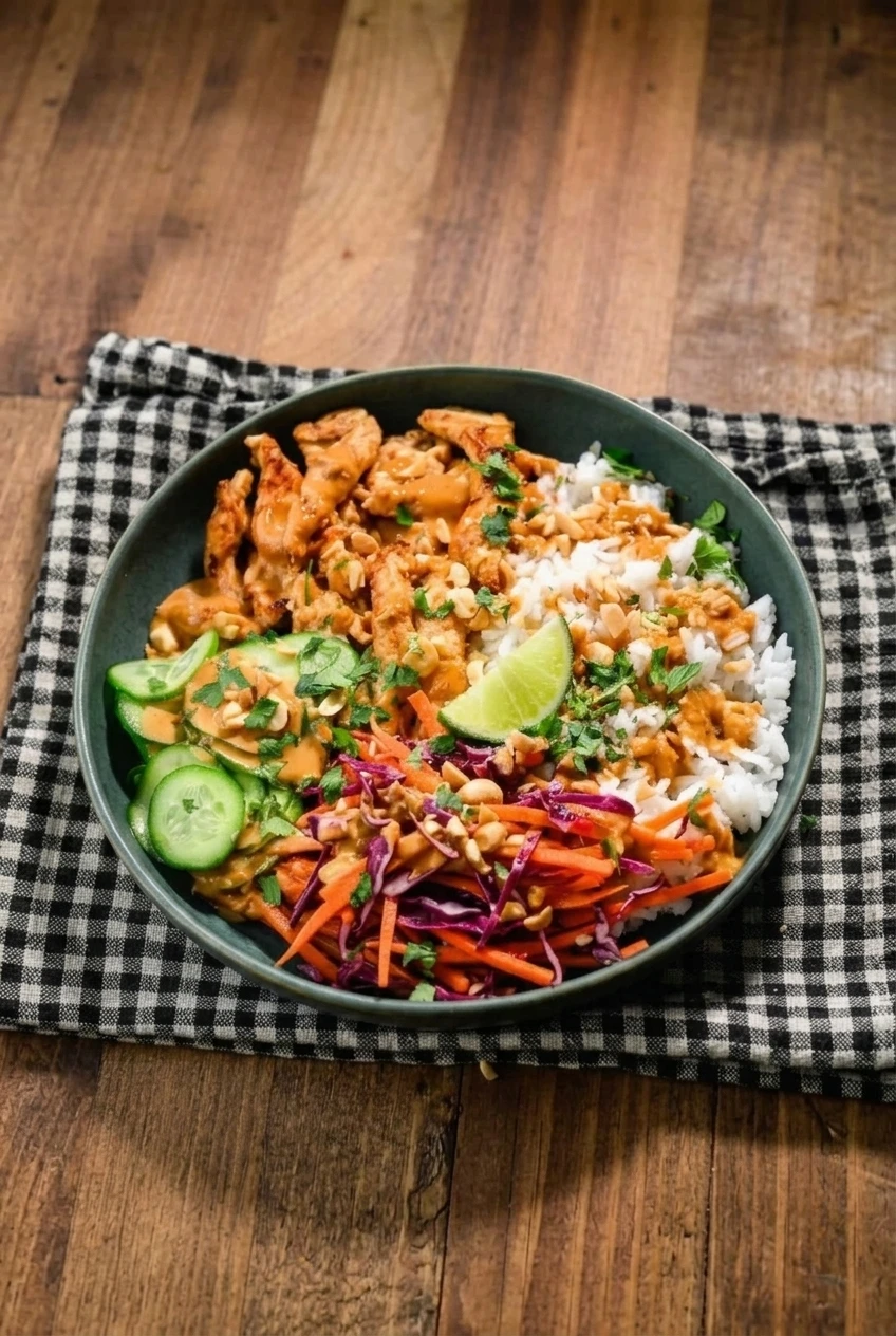 A complete Thai peanut chicken rice bowl centered on a wood table, with distinct sections of rice and fresh vegetables