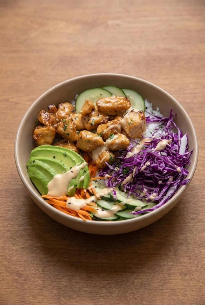 A complete Bang Bang Chicken Rice Bowl centered on a wooden surface, with its colorful toppings arranged over rice